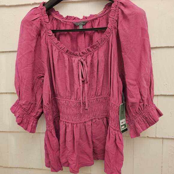 Terra & Sky Tops - Terra & Sky Women's 0X 14W Pink Smocked Peplum Blouse Puff Sleeve Boho NWT